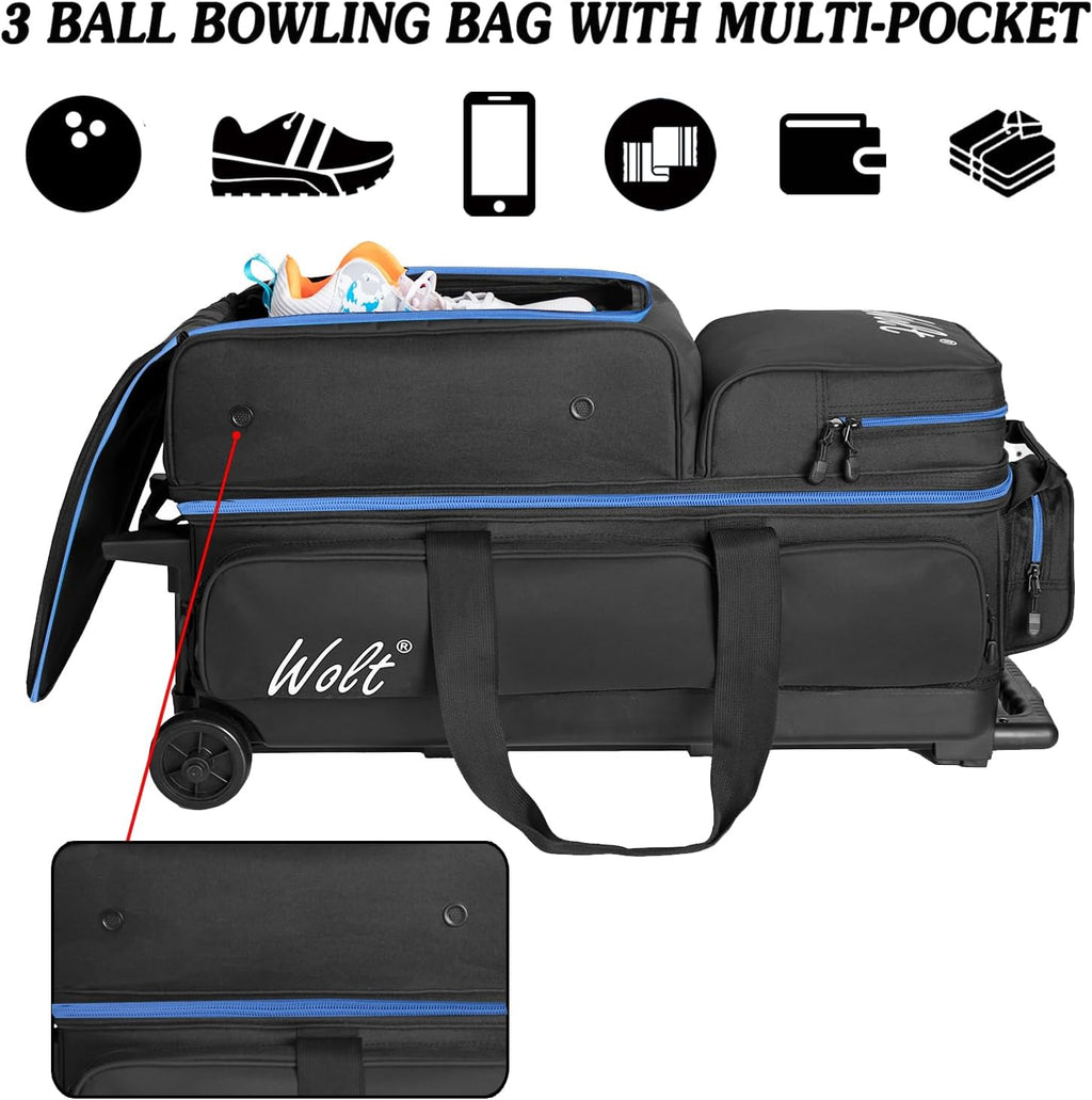 WOLT 3 Ball Bowling Bags with Wheels,Bowling Ball Bag 3 Ball Roller with Separate Shoe Compartment and Accessory Pocket, Retractable Handle Extends to 38''