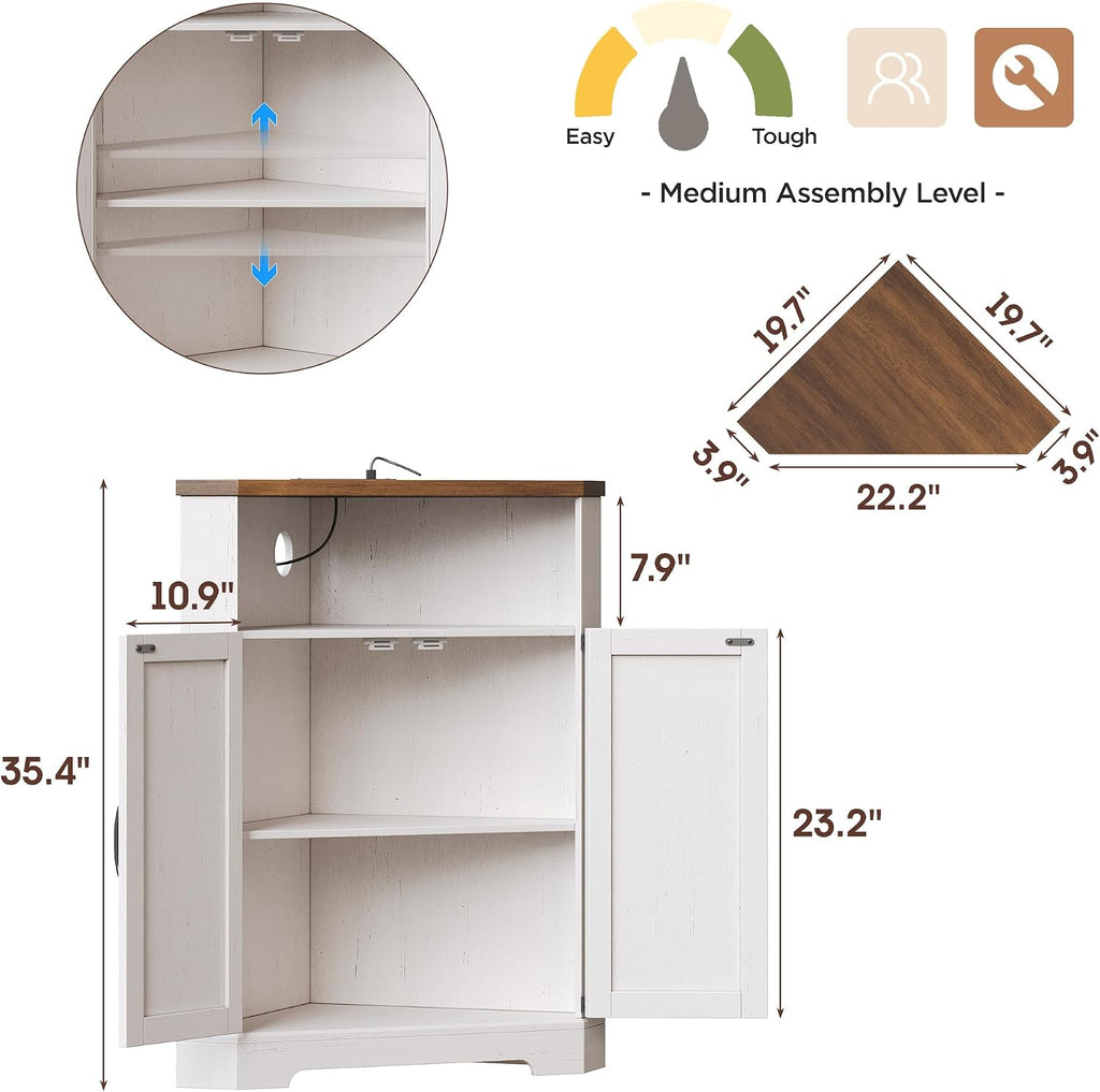 Vabches Small Corner Cabinet with Charging Station,Farmhouse Kitchen Corner Storage Cabinet with Barn Doors and Adjustable Shelves for Many Corner,Like Bathroom,and Kitchen