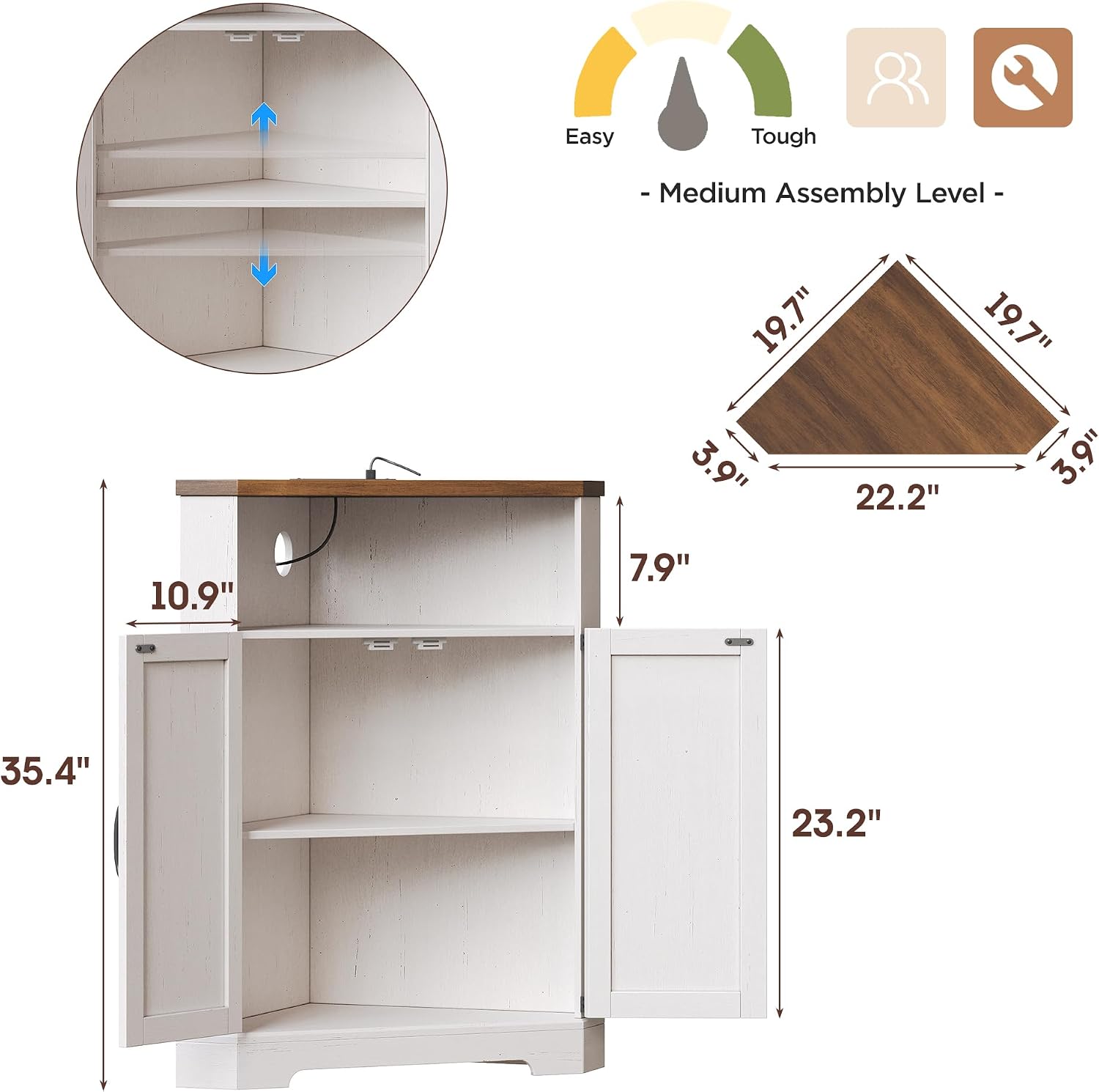 Vabches Small Corner Cabinet with Charging Station,Farmhouse Kitchen Corner Storage Cabinet with Barn Doors and Adjustable Shelves for Many Corner,Like Bathroom,and Kitchen