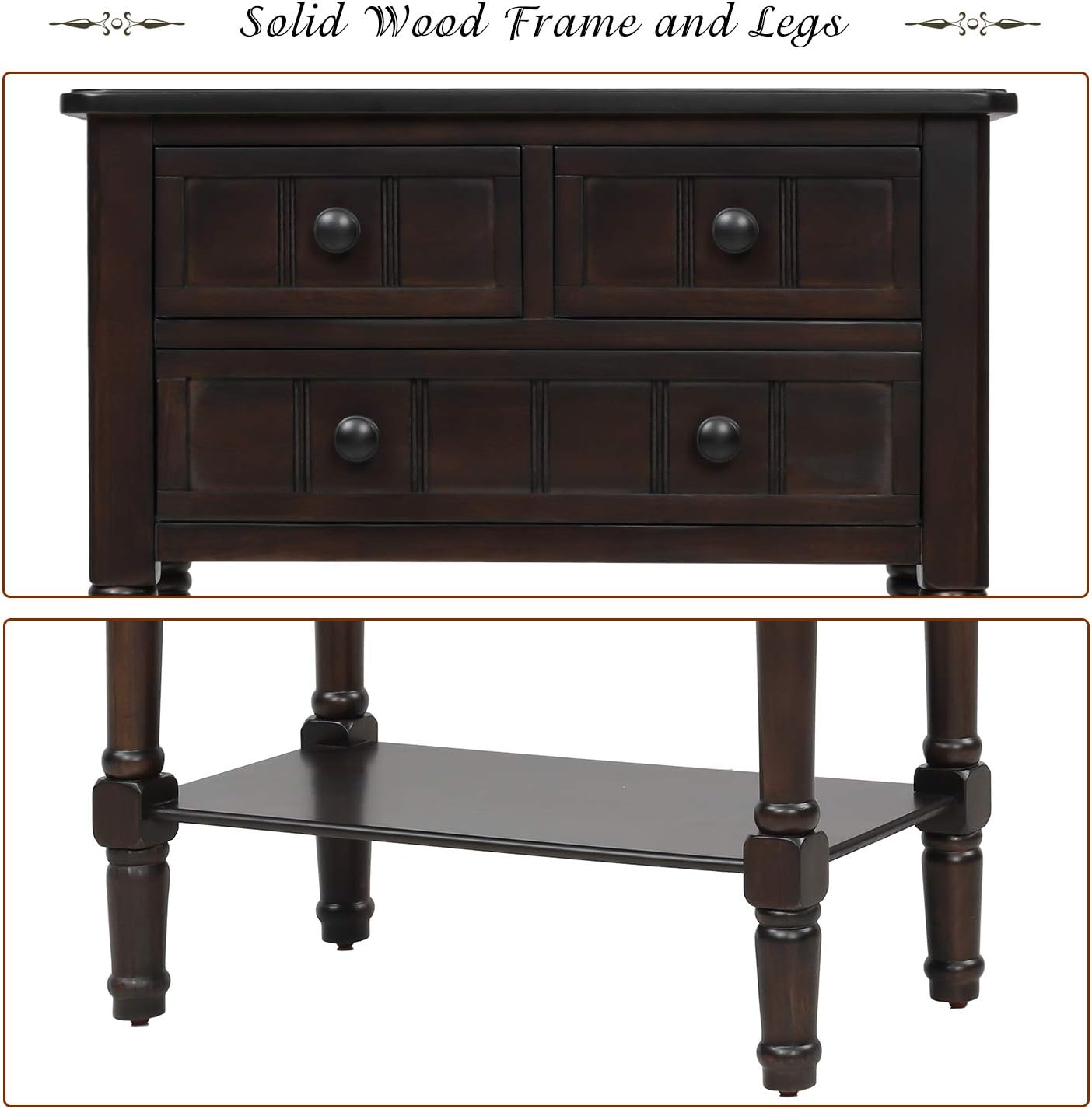 Knocbel Slim Antique Entry Console Table with Drawers & Bottom Open Shelf, Solid Wood Sofa Couch Table for Entryway Hallway Living Room (Espresso)