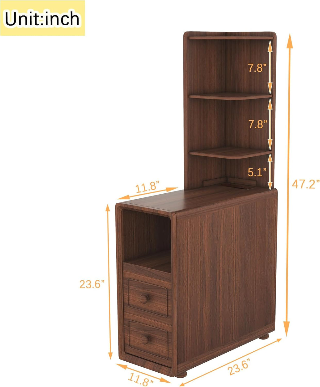 Mirightone Tall End Table with Drawers and Shelves, Narrow Side Table with Charging Station, High Slim Corner Cabinet Bedside Table with Detachable Storage Bookcase for Living Room Bedroom, Walnut