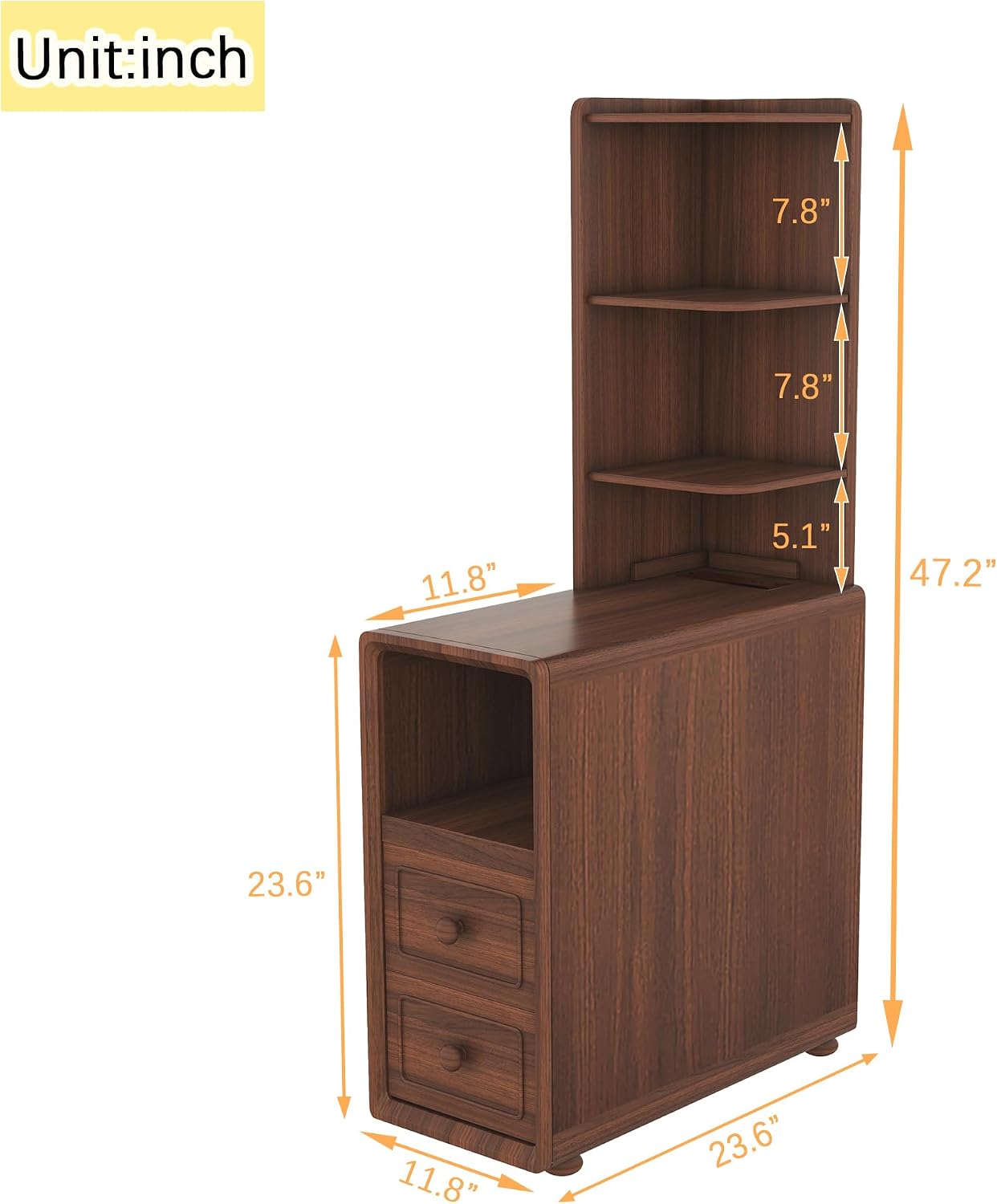 Mirightone Tall End Table with Drawers and Shelves, Narrow Side Table with Charging Station, High Slim Corner Cabinet Bedside Table with Detachable Storage Bookcase for Living Room Bedroom, Walnut
