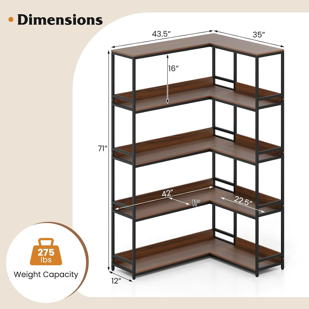 Tangkula Large Corner Bookshelf, 90 Degrees 5-Tier Industrial Wood Open Corner Bookcase for Small Spaces, Heavy-Duty Metal Frame, 71'H L-Shaped Storage Display Rack for Living Room (Walnut)