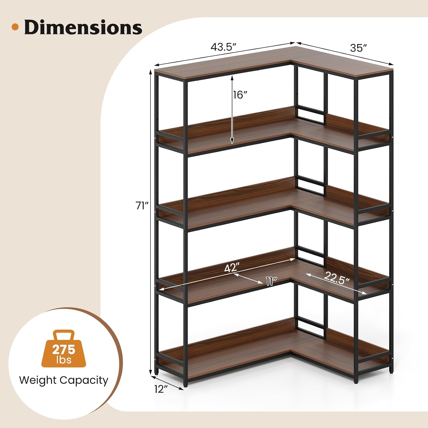 Tangkula Large Corner Bookshelf, 90 Degrees 5-Tier Industrial Wood Open Corner Bookcase for Small Spaces, Heavy-Duty Metal Frame, 71'H L-Shaped Storage Display Rack for Living Room (Walnut)