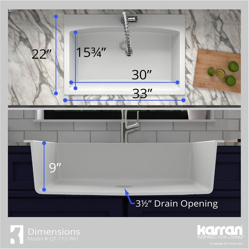 Karran QT-712 33 Inch Drop-In Quartz Composite Single Bowl Kitchen Sink, Top Mount, 1-Hole, Heat & Scratch Resistant, Easy Clean, Grey
