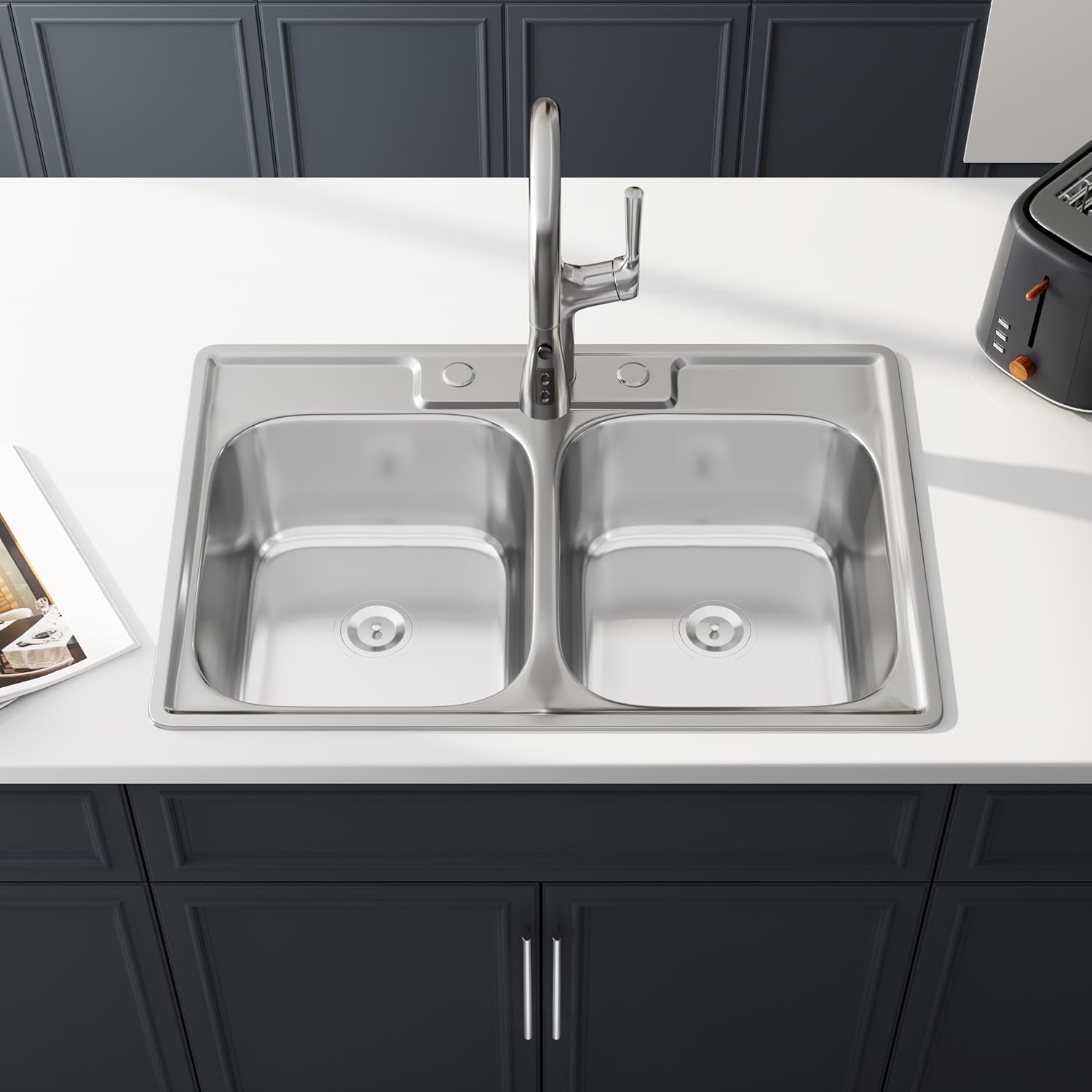 33 Inch Drop In Double Bowl Kitchen Sink, 33x22 Topmount 18 Gauge 304 Stainless Steel 50/50 Kitchen Sinks, Three Holes with Basket Strainer, 33' x 22' x 9'