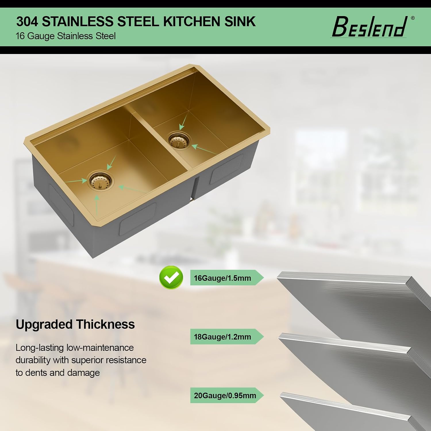 30 Gold Undermount Kitchen Sink - Beslend 30x19 Gold Double Bowl Kitchen Sinks Workstation 16 Gauge Stainless Steel Golden Sink Low Divide Double Basin 60/40