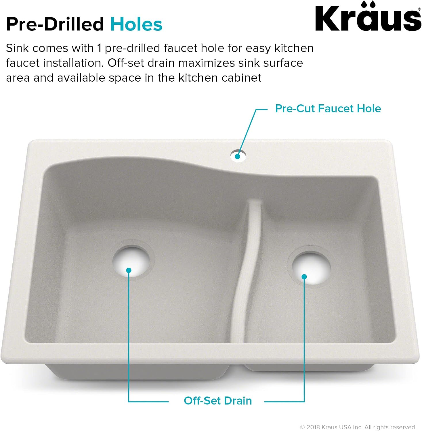 KRAUS Quarza 33-inch Drop-In/Undermount 60/40 Double Bowl Granite Kitchen Sink in White, KGD-442WHITE