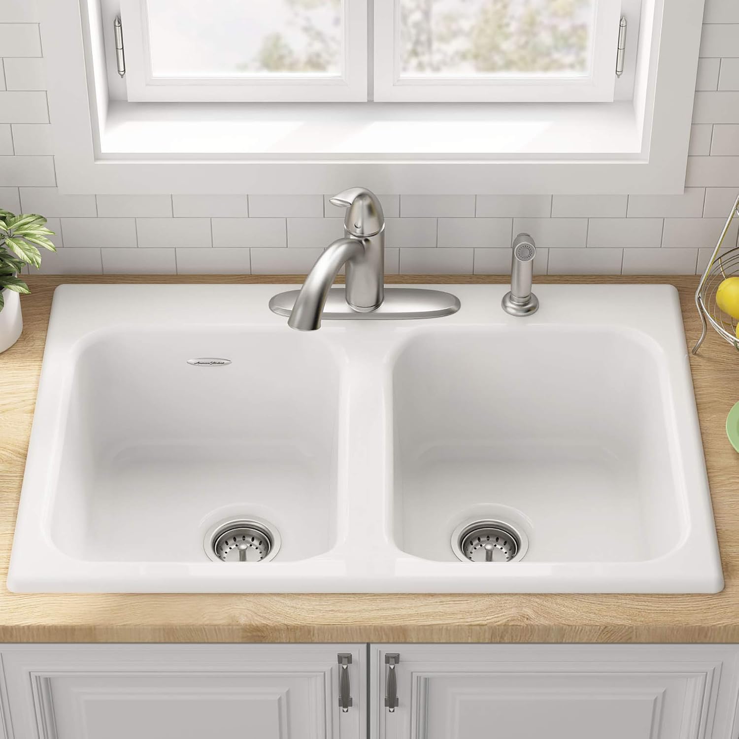 American Standard 77DB33224.308 Quince 33x22 Top Mount Double Bowl Cast Iron Kitchen Sink - 4 Holes,