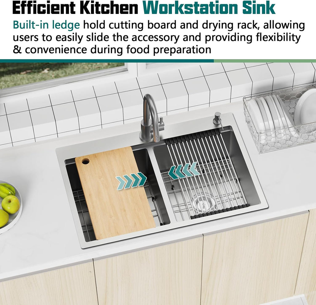 50/50 Double Bowl Kitchen Workstation Sink, 33'x22' Stainless Steel Drop In Kitchen Sink Easy To Multitasking With Cutting Board,Drying Rack,Silicon Mat,Stainless Grid And Drain Assembly