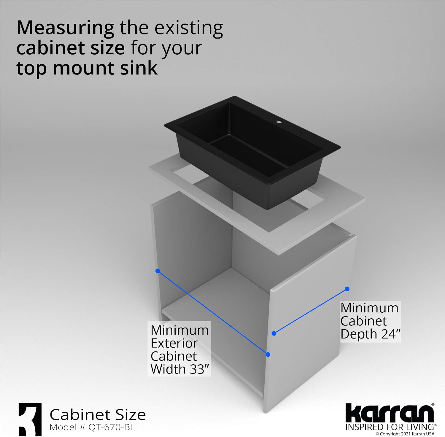 Karran QT-670 Drop-In/Top Mount 33' Single Bowl Granite Quartz Composite Kitchen Sink in Black Right Side Drain, Extra Deep 9' Basin, Heat & Scratch Resistant, Sound Dampening