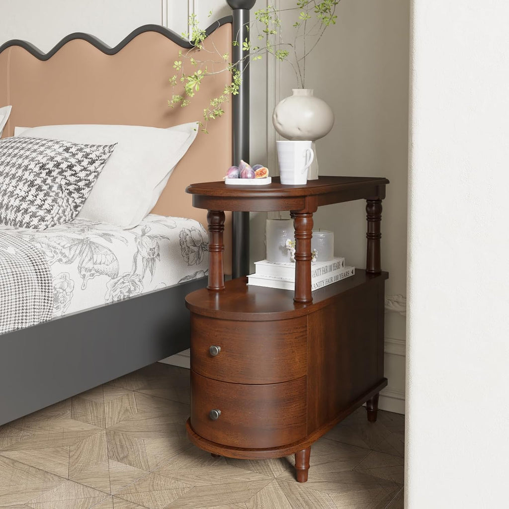 LEEMTORIG Narrow Side Table with Drawers, Vintage Solid Cherry Wood End table Nightstand with Open Shelves, 2-Drawer Slim Chair Side Table for Bedroom Living Room Small Spaces, Cherry Brown BG-A508-CY