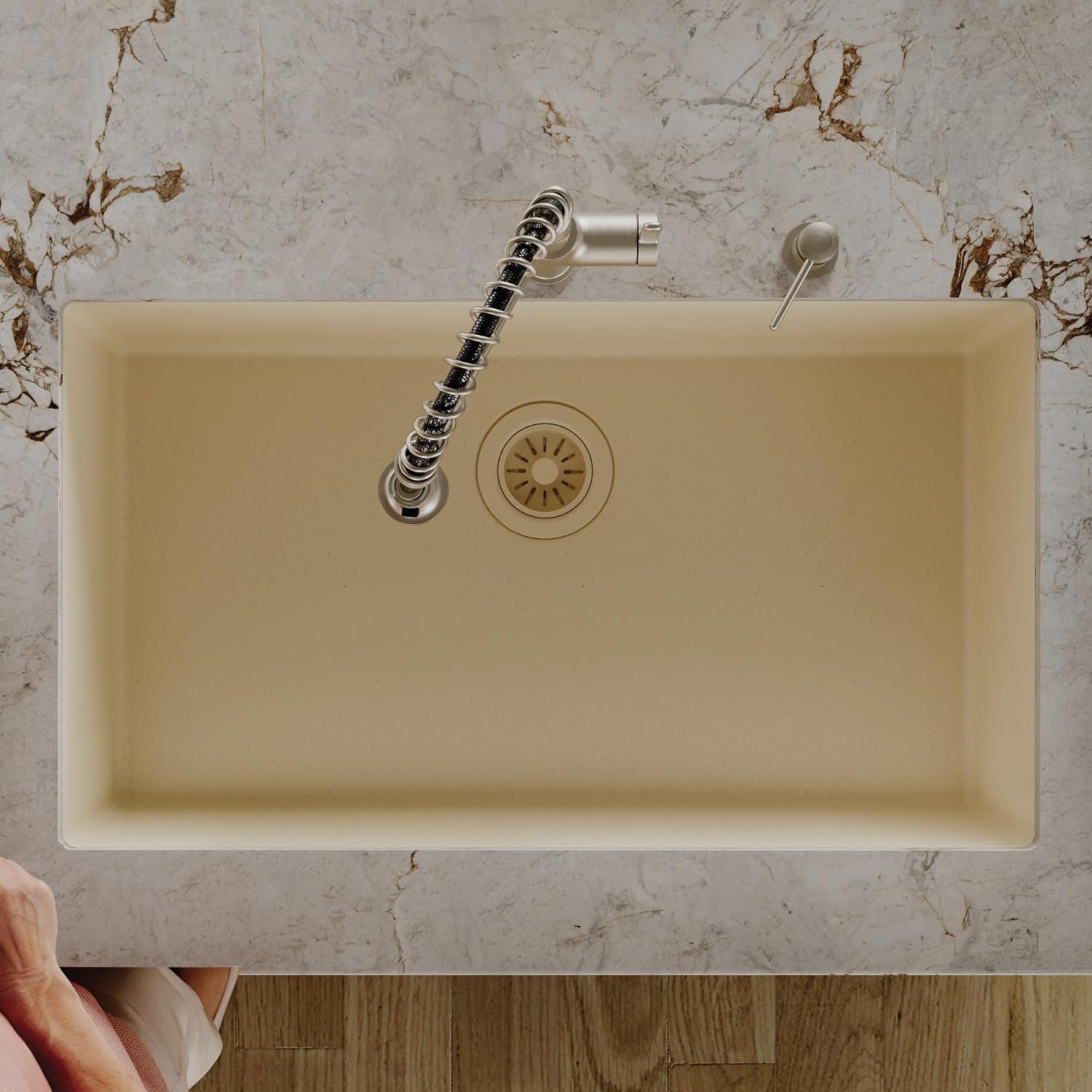 Karran Undermount 33' Large Single Bowl Granite Quartz Composite Kitchen Sink in Bisque – Extra Deep 9' Basin, Heat & Scratch Resistant, Sound Dampening, Rear Drain – QU-812