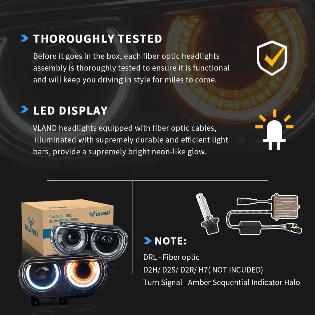 VLAND Projector Headlights Compatible with Dodge Challenger 2008-2014 w/Sequential Indicator Halo, D2S/ D2H Bulb (Not Included) for HI/LO Beam, Passenger& Driver Sides
