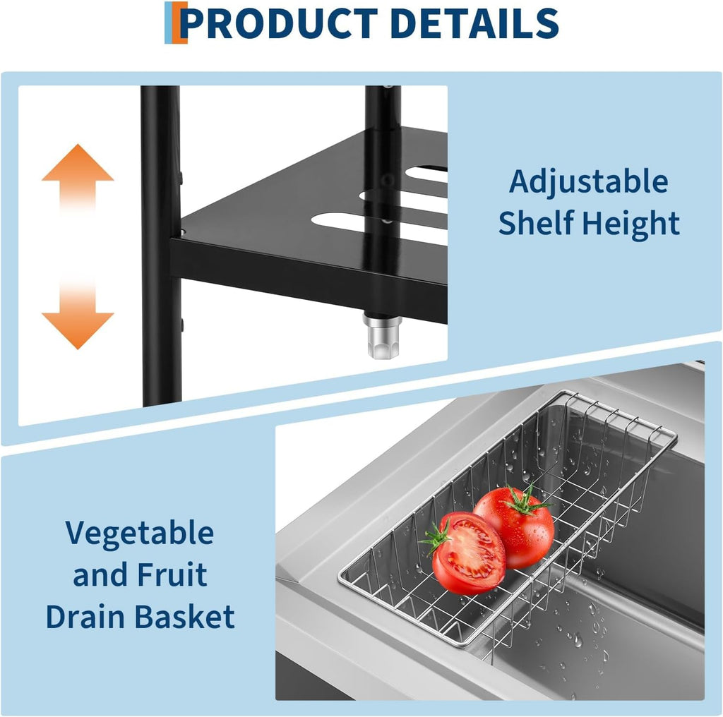 Garvee 36' Black Stainless Steel Utility Sink with Faucet, Adjustable Height Freestanding Commercial Sink with Hot & Cold Water, Shelf, Basket & Drain Kit for Kitchen, Garage, Laundry, or Outdoor Use
