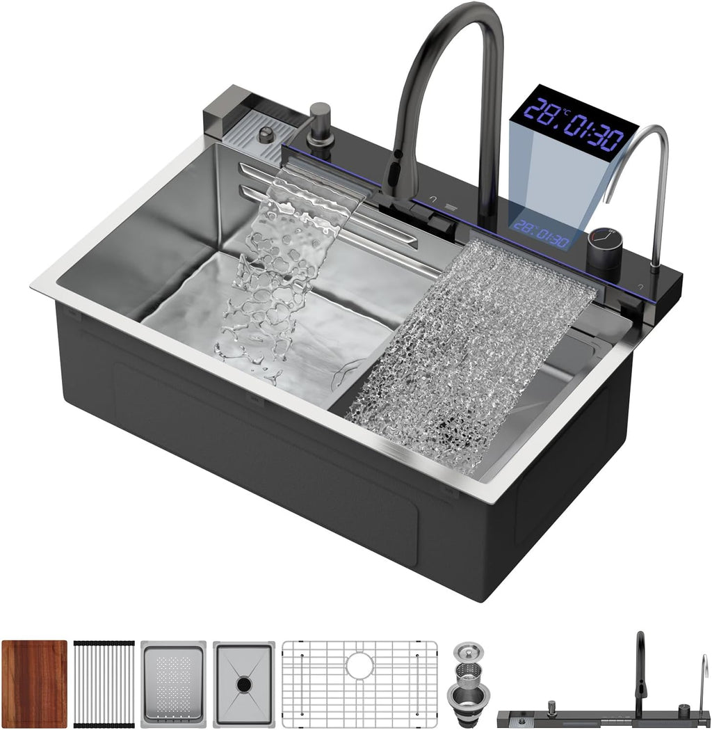 Logmey 30' Smart Dual Waterfall Sink with Digital Display,Water Purifier,Nano PVD Drop in Kitchen Sink with Faucet,16 Gauge Stainless Steel Sinks with Temperature Control Knob,5 Buttons,30x19x9