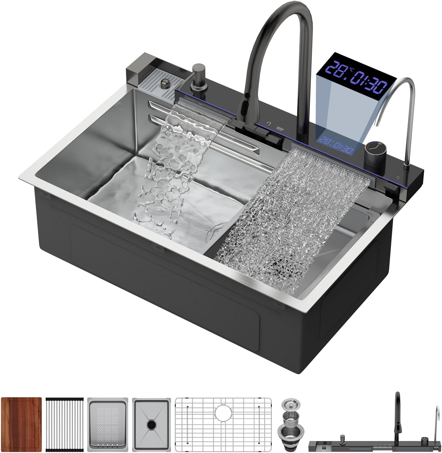 Logmey 30' Smart Dual Waterfall Sink with Digital Display,Water Purifier,Nano PVD Drop in Kitchen Sink with Faucet,16 Gauge Stainless Steel Sinks with Temperature Control Knob,5 Buttons,30x19x9