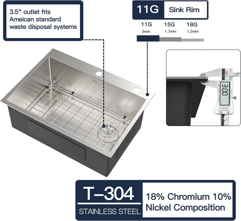 Kitchen Sink 27 x 22 inch Drop-In Top Mount 16 Gauge Tight Radius Single Bowl 2-Hole Stainless Steel Kitchen Sink and Accessories (Pack of 4)