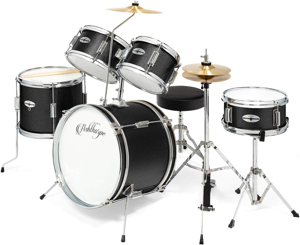 Ashthorpe 5-Piece Complete Junior Drum Set with Genuine Brass Cymbals - Advanced Beginner Kit with 16' Bass, Adjustable Throne, Cymbals, Hi-Hats, Pedals & Drumsticks - Black