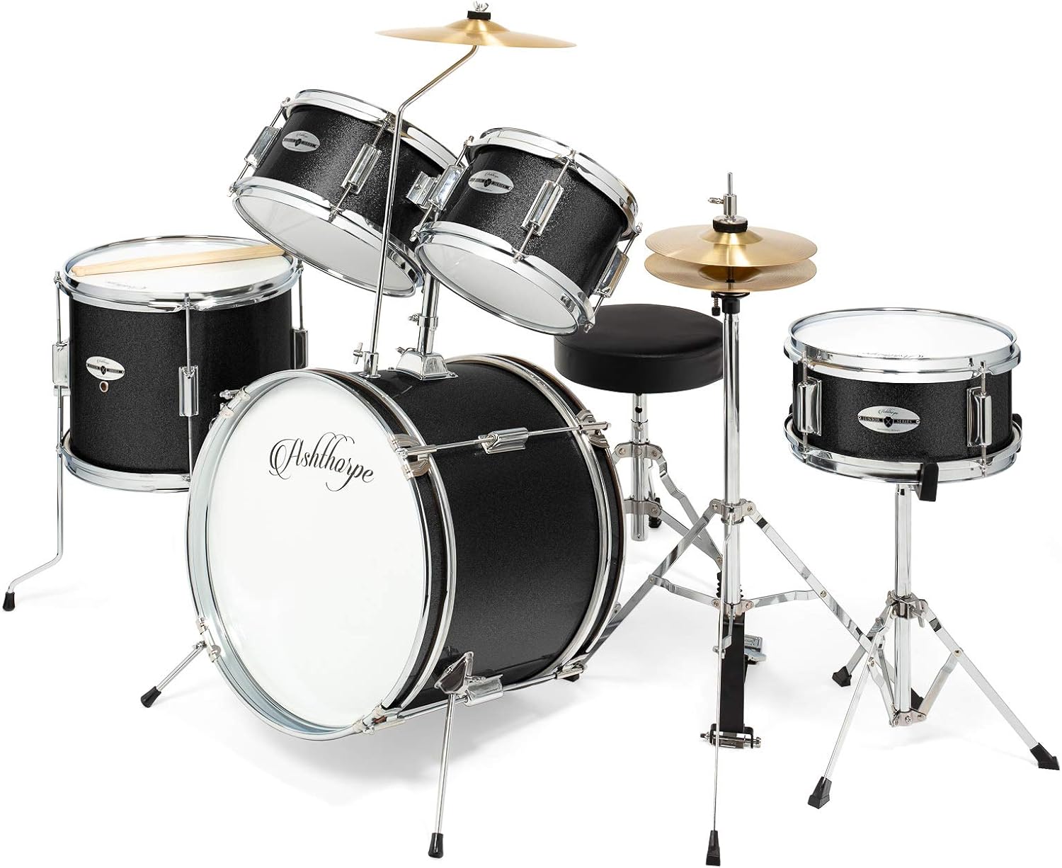 Ashthorpe 5-Piece Complete Junior Drum Set with Genuine Brass Cymbals - Advanced Beginner Kit with 16' Bass, Adjustable Throne, Cymbals, Hi-Hats, Pedals & Drumsticks - Black