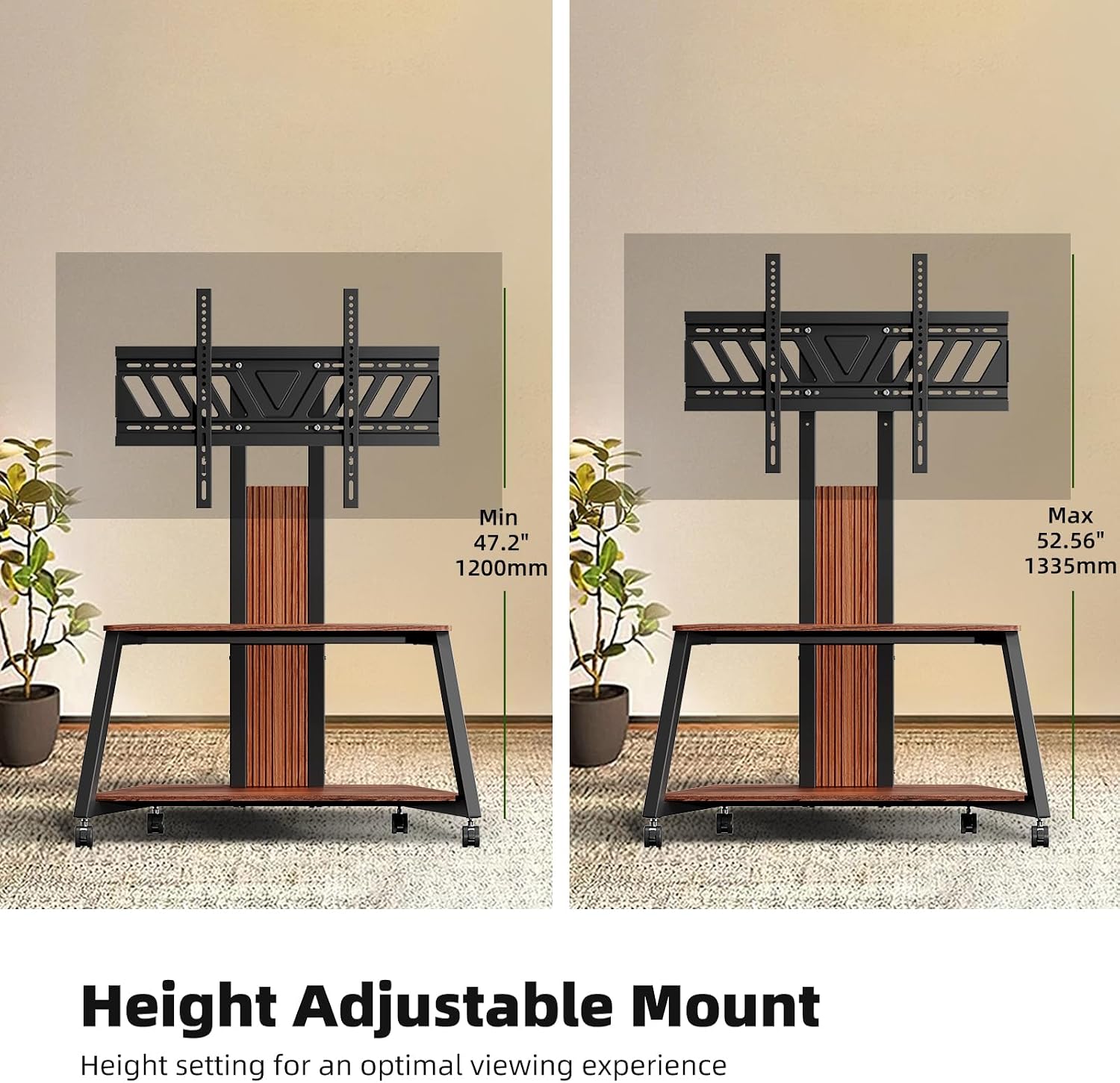 Heavy Duty Mobile TV Stand Rolling TV Cart with Wheels for 32-85 Inch Flat/Curved Led/LCD/OLED Portable Floor TV Stand with Wooden Shelves, Height Adjustable Holds up to 220lbs,Max VESA 600 x400mm