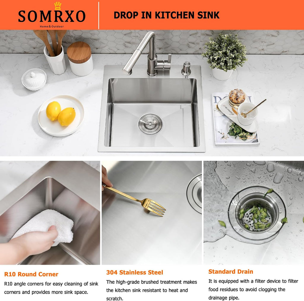 18×18 Inch Drop In Bar Sink with Faucet Combo - Stainless Steel Top Mount Single Bowl Kitchen Sink, 9 Inch Deep Small Kitchen Sink for Bar Prep, Drop In RV Sinks