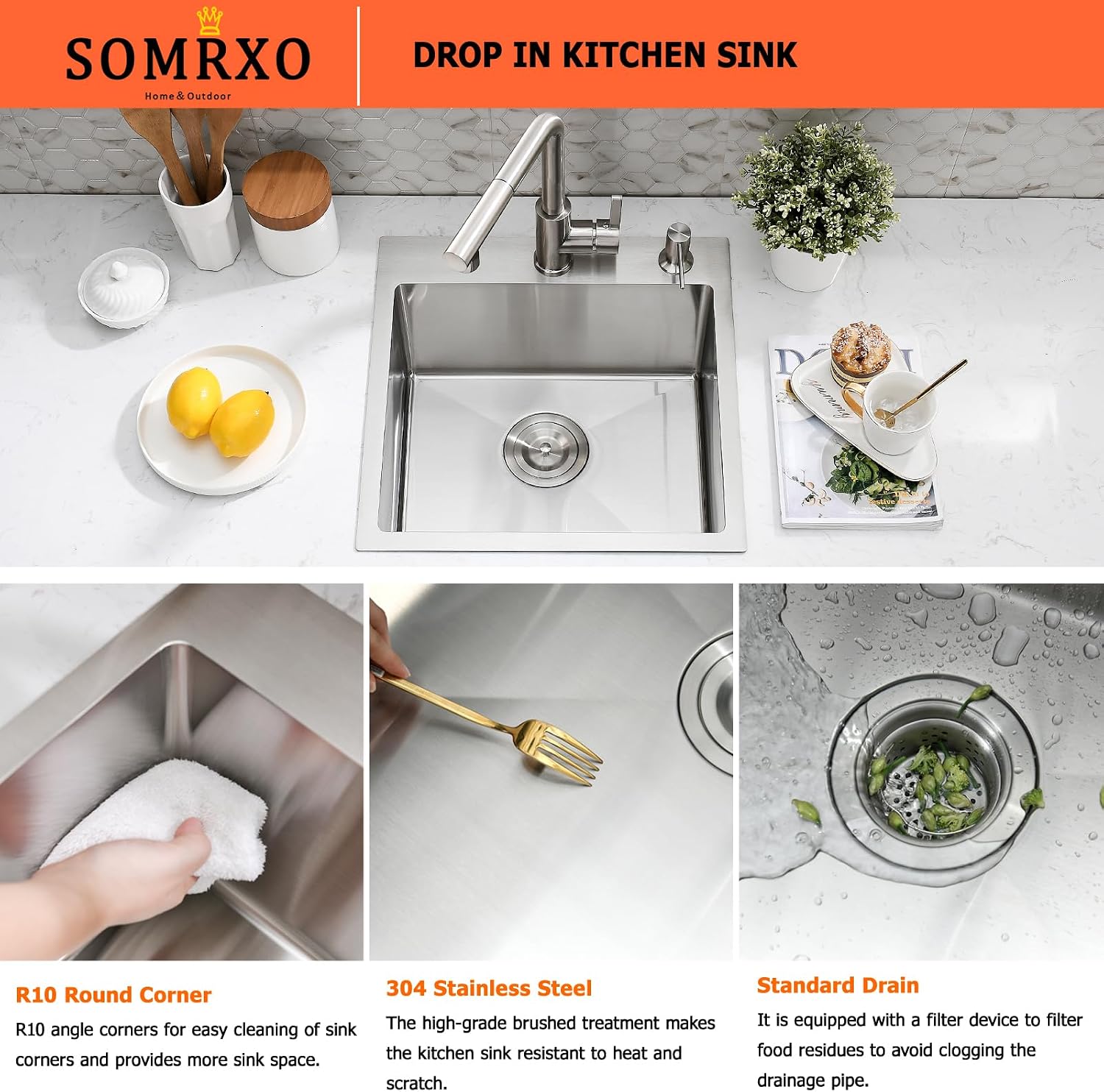 18×18 Inch Drop In Bar Sink with Faucet Combo - Stainless Steel Top Mount Single Bowl Kitchen Sink, 9 Inch Deep Small Kitchen Sink for Bar Prep, Drop In RV Sinks