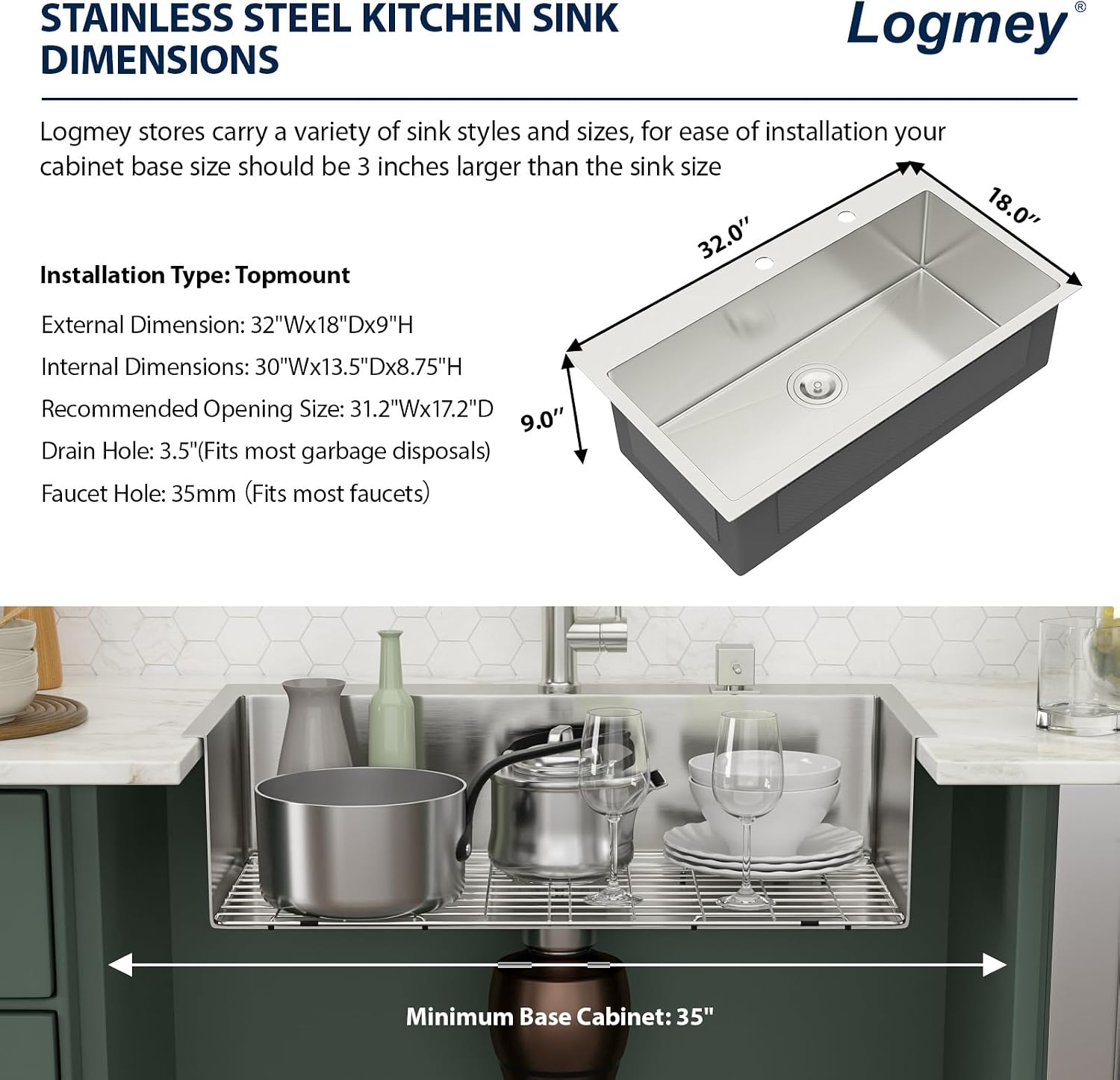 32 Inch Drop In Kitchen Sink Logmey 32x18x9 Inch Topmount Sinks 16-Gauge Stainless Steel Single Bowl Kitchen Sink