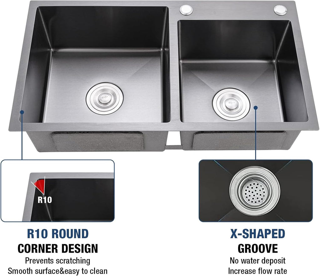31' x 18' Black Double Bowl Kitchen Sink, Drop-in/Topmount Overmount Kitchen Sinks Basin with 304 Nano-Coated and Accessories