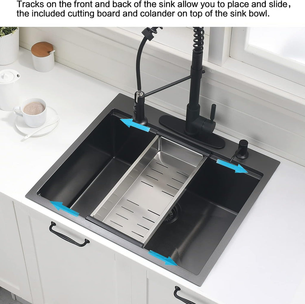 25 Inch Drop In Kitchen Sink Black - VOKIM 25x22-Inch Drop In/Topmount sink Workstation 16 Gauge Stainless Steel 10'' Deep Single Bowl Handmade Kitchen Sink with Cutting Board& Strainer