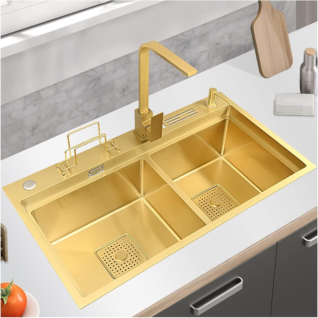 304 Stainless Steel Ro Kitchen Sink Gold Double Bowl Bar Prep Sink Multi-Purpose RV Sink with Faucet and Drain Assembly Drop in Or Under Mount (Color : Gold-b, Size : 82x46x24cm)