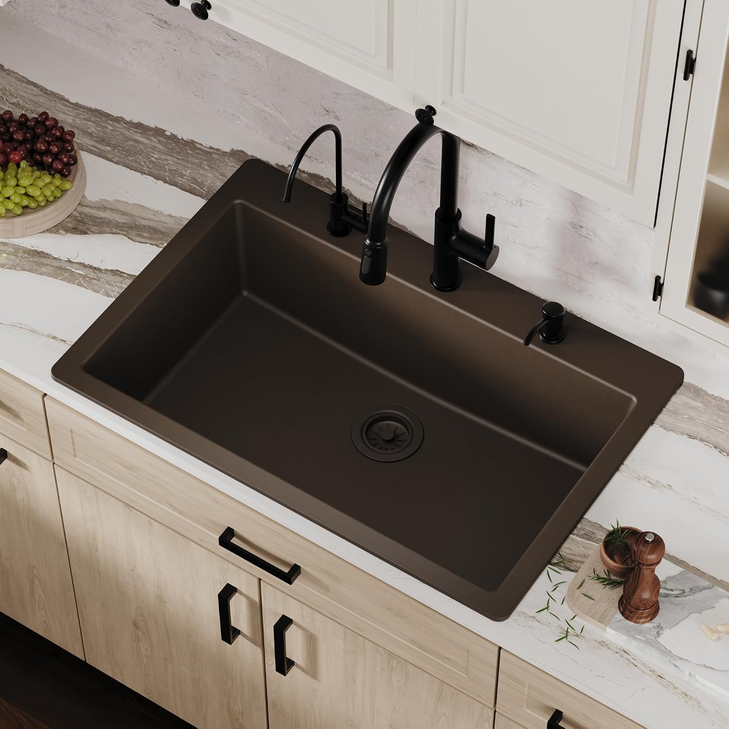 Karran 33' Drop-In Top Mount Quartz Composite Single Bowl Kitchen Sink in Brown – Extra Deep 9' Basin, Heat Resistant, Sound Dampening, Easy Clean Surface