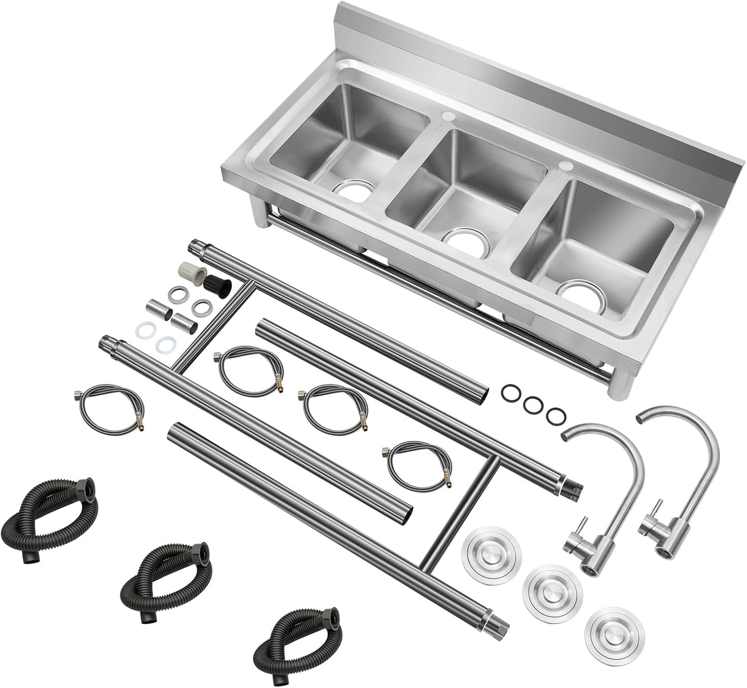 3-Compartment Commercial Sink, 304 Stainless Steel Utility Sink with 2 Faucet, Free Standing Triple Bowl Kitchen Sink for Restaurant, Garage, 18'D x 39'W x 35.8'H