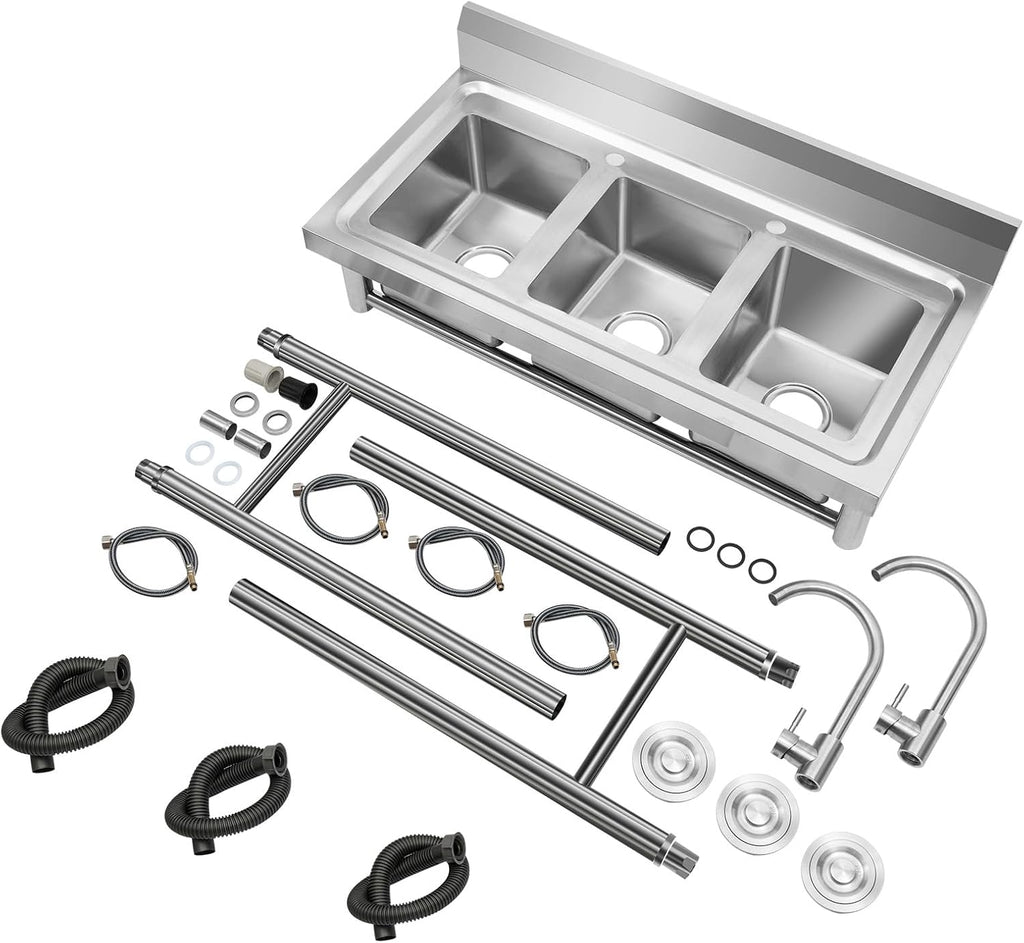 Commercial Utility Sink Stainless Steel 3 Compartment Kitchen Sink with Cold and Hot Water Pipe Freestanding Utility Sinks for Restaurant, Coffee Shop, Bar, Food Truck, 39×18×35.8 inch