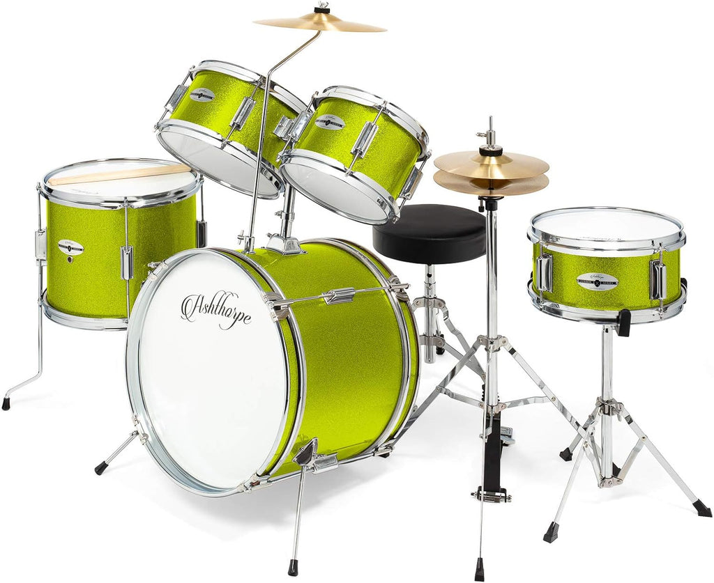Ashthorpe 5-Piece Complete Junior Drum Set with Genuine Brass Cymbals - Advanced Beginner Kit with 16' Bass, Adjustable Throne, Cymbals, Hi-Hats, Pedals & Drumsticks - Green
