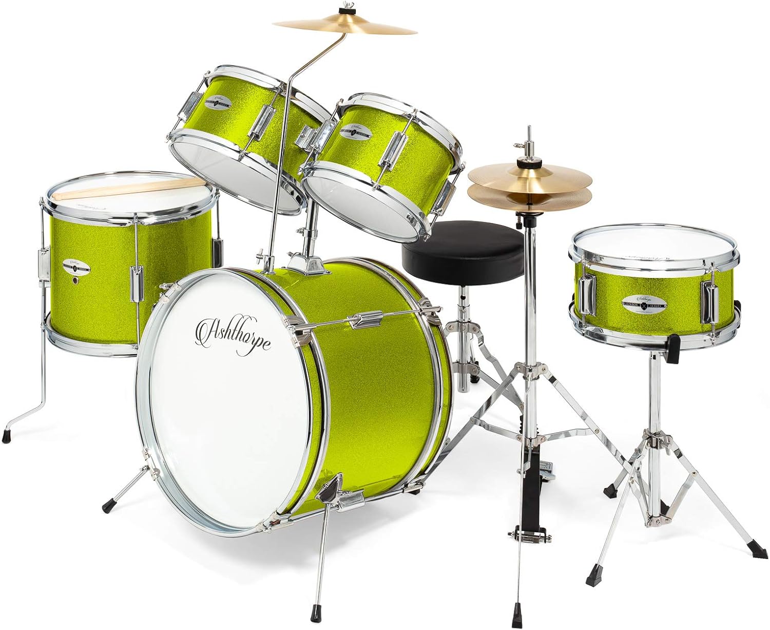 Ashthorpe 5-Piece Complete Junior Drum Set with Genuine Brass Cymbals - Advanced Beginner Kit with 16' Bass, Adjustable Throne, Cymbals, Hi-Hats, Pedals & Drumsticks - Green
