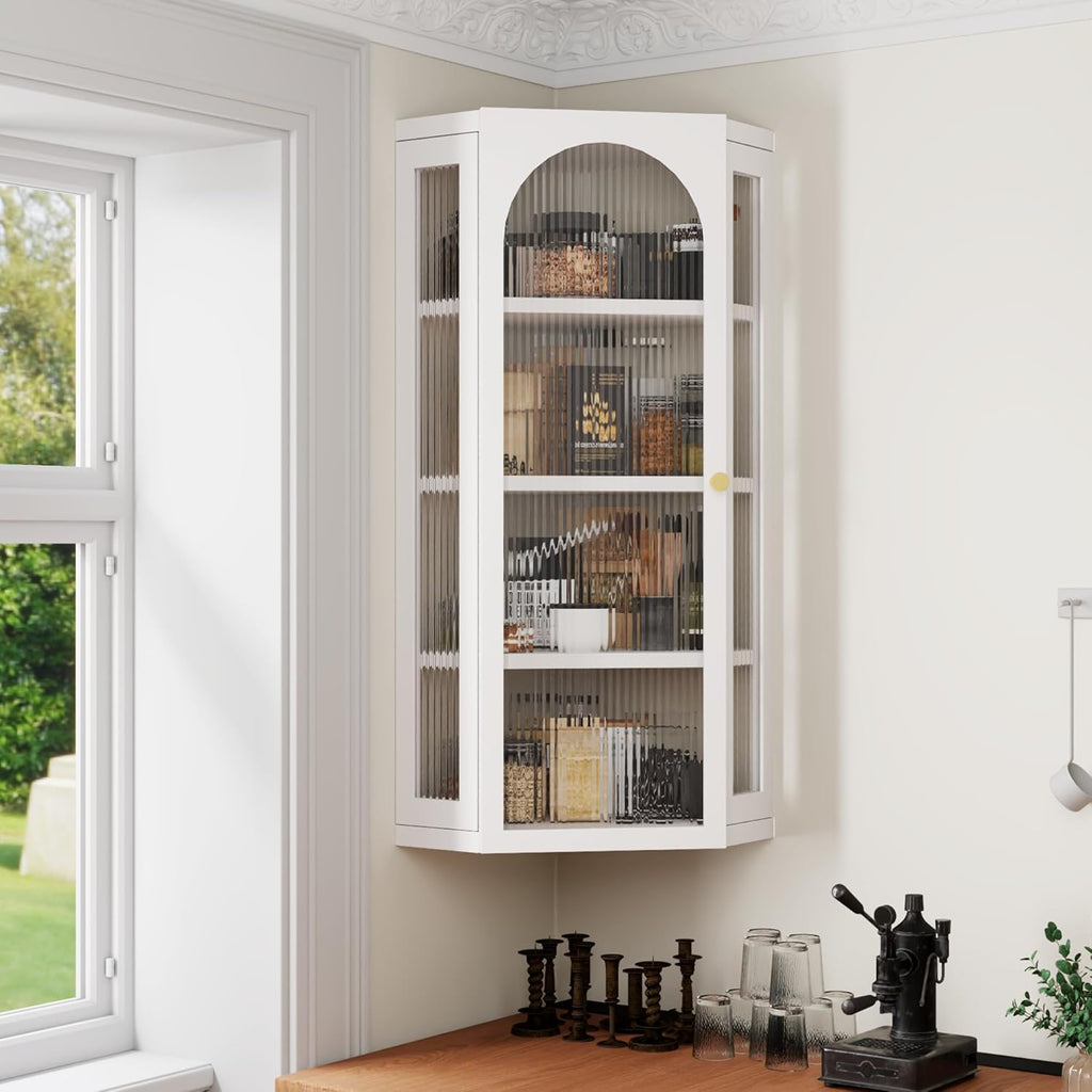 Bathroom Corner Wall Cabinet, Metal Medicine Cabinet with Glass Doors and Shelves, Hanging Corner Storage Cabinet for Bathroom, Kitchen, Laundry Room (White)