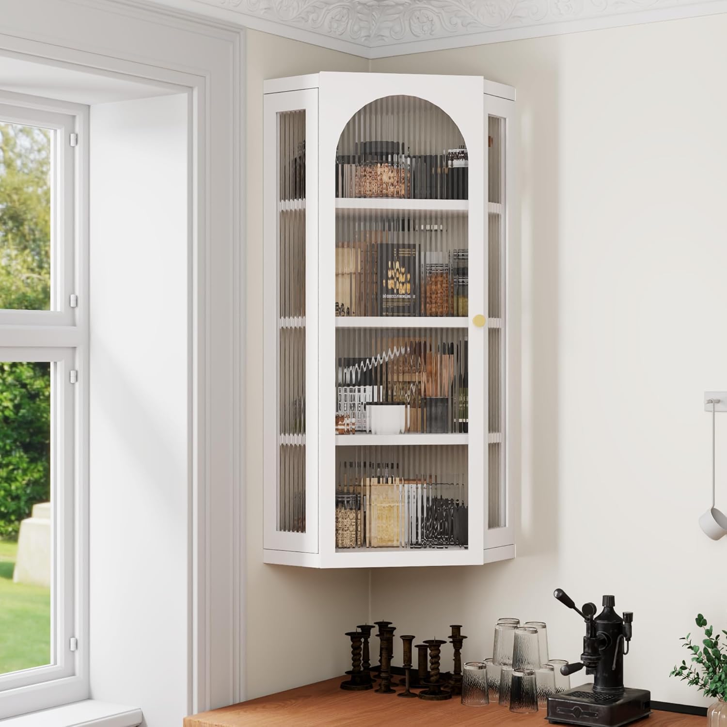 Bathroom Corner Wall Cabinet, Metal Medicine Cabinet with Glass Doors and Shelves, Hanging Corner Storage Cabinet for Bathroom, Kitchen, Laundry Room (White)