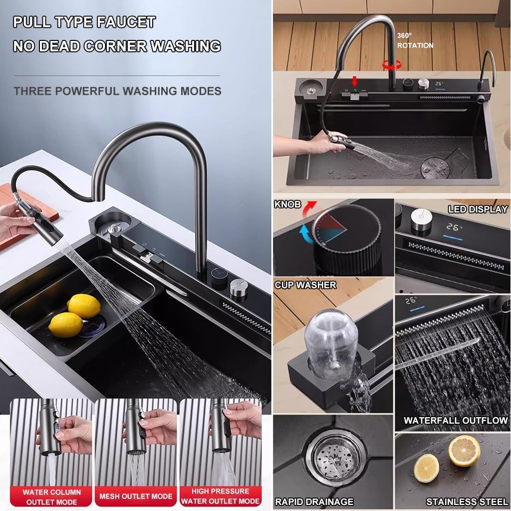 Waterfall Sink with Multi-Functional Pull-Out Faucet Stainless Steel Kitchen Sink Single Bowl Bar Sink with Complete Accessory Set (Black 75x46x22cm)