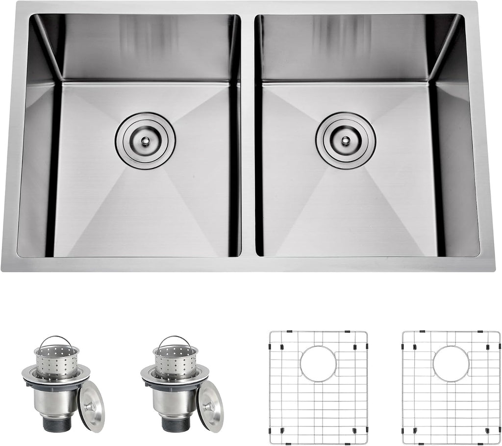 32 Inch Undermount Handmade Double Bowl Kitchen Sink, 16 Gauge 304 Stainless Steel 50/50 Rectangular Large Capacity Kitchen Sinks, Strainer and Grid Included, 32' x 19' x 10'