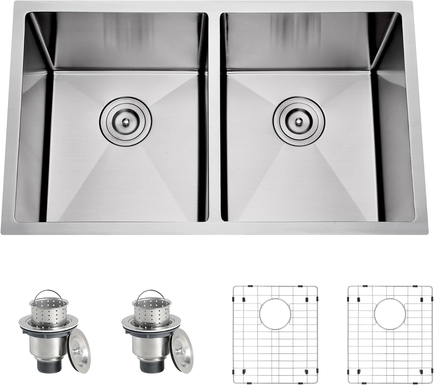 32 Inch Undermount Handmade Double Bowl Kitchen Sink, 16 Gauge 304 Stainless Steel 50/50 Rectangular Large Capacity Kitchen Sinks, Strainer and Grid Included, 32' x 19' x 10'