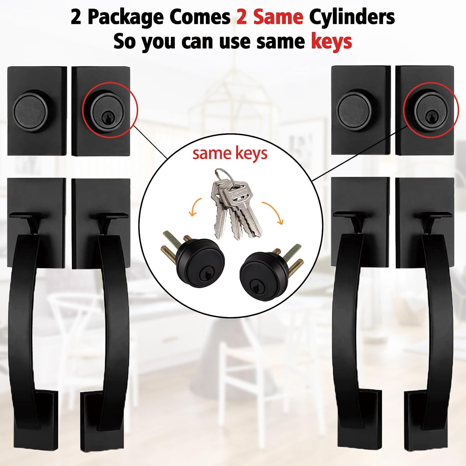 NEWBANG 2 Pack to be Keyed Alike Modern Keyed & Dummy Entry Handlesets for Double Front Doors with Same Culinders and Same Keys in Matte Black(2 PC Keyed and Dummy),MDHST2017DB-SET-2P