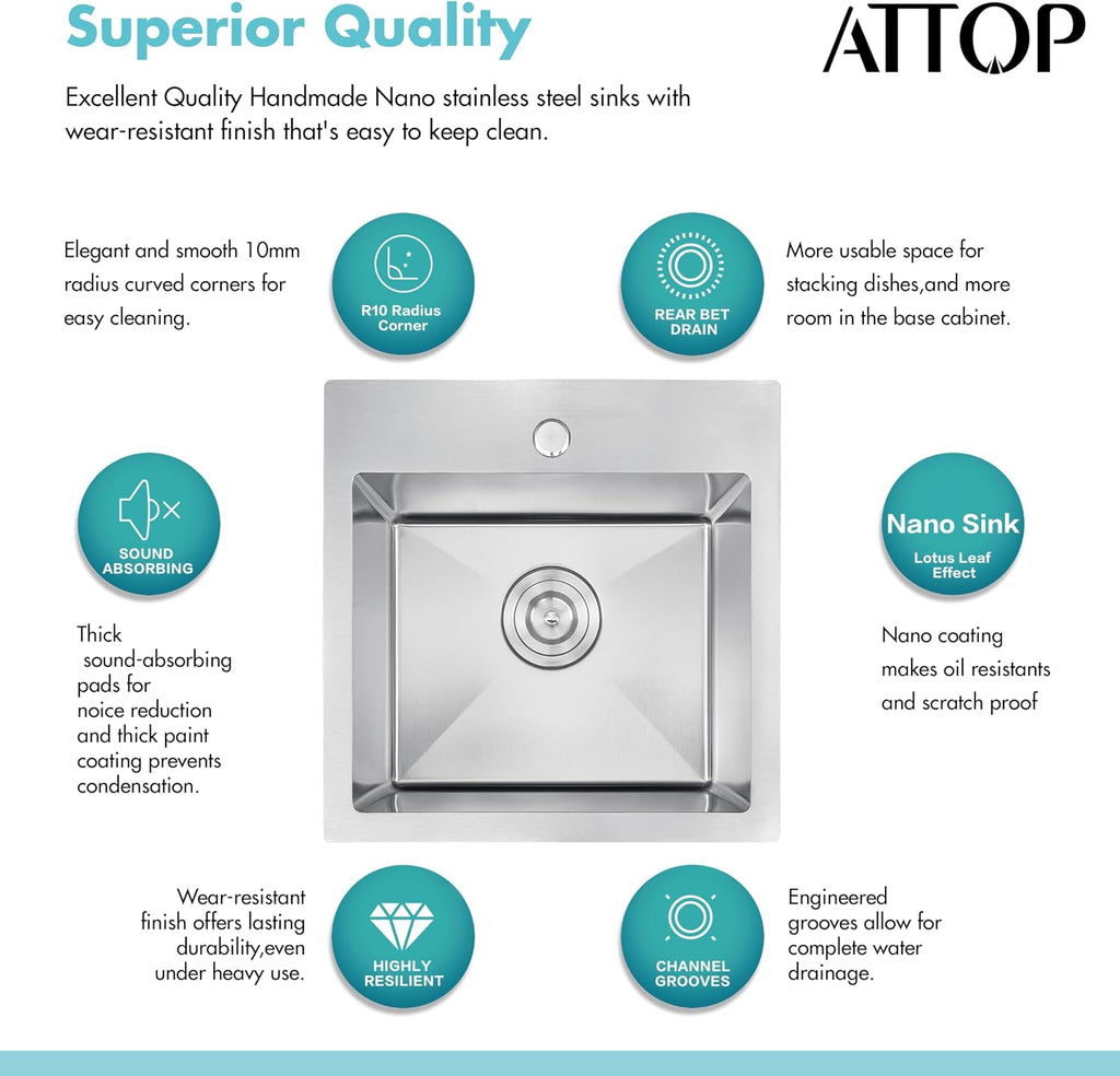 ATTOP 18 X 18 Inch Drop in Bar sink,9 inch deep Nano Coating Stainless Steel Topmount Single Bowl Sink Small Kitchen Basin