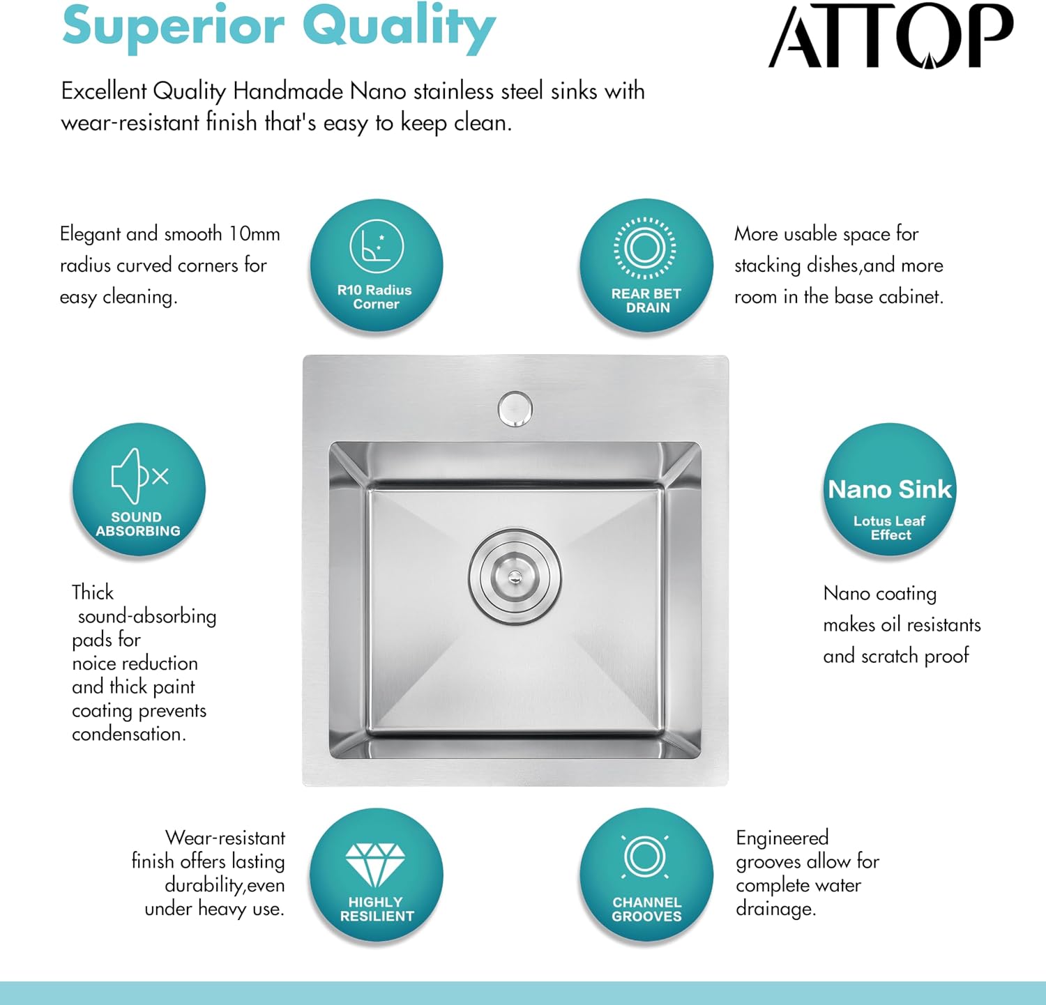 ATTOP 18 X 18 Inch Drop in Bar sink,9 inch deep Nano Coating Stainless Steel Topmount Single Bowl Sink Small Kitchen Basin