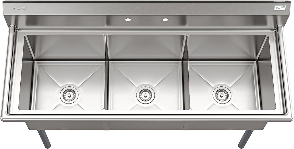 KoolMore 60 in. Three Compartment 18-Gauge Stainless-Steel NSF Commercial Kitchen Sink, Bowl Size 18x18x14, with Three Basins and Pre-Drilled Faucet Holes for Restaurants and Cafes (KM-SC181814-N3)