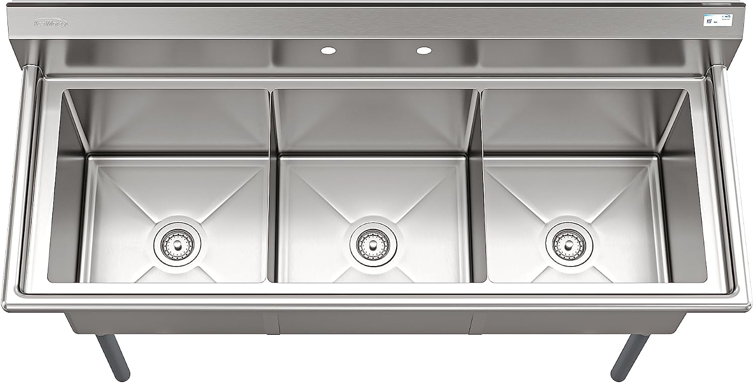 KoolMore 60 in. Three Compartment 18-Gauge Stainless-Steel NSF Commercial Kitchen Sink, Bowl Size 18x18x14, with Three Basins and Pre-Drilled Faucet Holes for Restaurants and Cafes (KM-SC181814-N3)