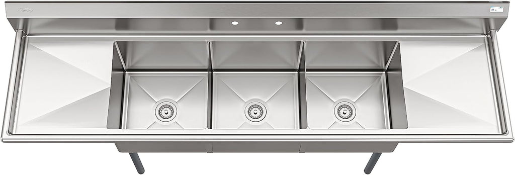 KoolMore 90 in. Three Compartment 18-Gauge Stainless-Steel NSF Commercial Kitchen Sink, Bowl Size 18x18x14, with Three Basins and Pre-Drilled Faucet Holes and Two Drainboards (KM-SC181814-18B3)