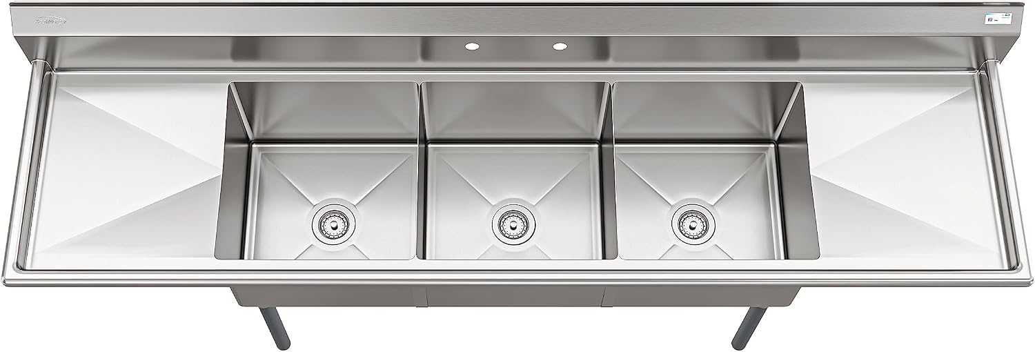 KoolMore 90 in. Three Compartment 18-Gauge Stainless-Steel NSF Commercial Kitchen Sink, Bowl Size 18x18x14, with Three Basins and Pre-Drilled Faucet Holes and Two Drainboards (KM-SC181814-18B3)