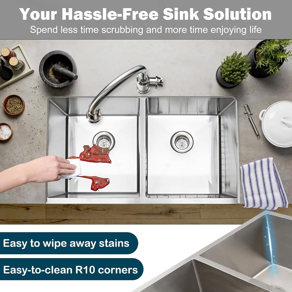 SANYCASA 33 Inch Double Bowl Kitchen Sinks with Quick Drain Slope - 11 Gauge (3mm) 304 Stainless Steel Undermount Kitchen Sink with Accessories