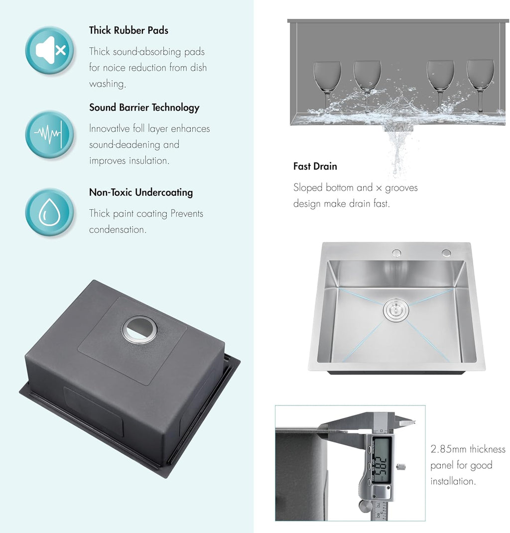 ATTOP 25 Inch Medium Single Bowl Drop in Kitchen Sink,Nano Coating Stainless Steel Handmade Single Bowl Topmount Sink